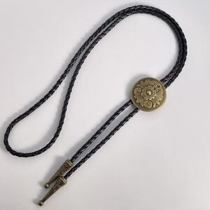 New gold Floral Round leather bolo tie